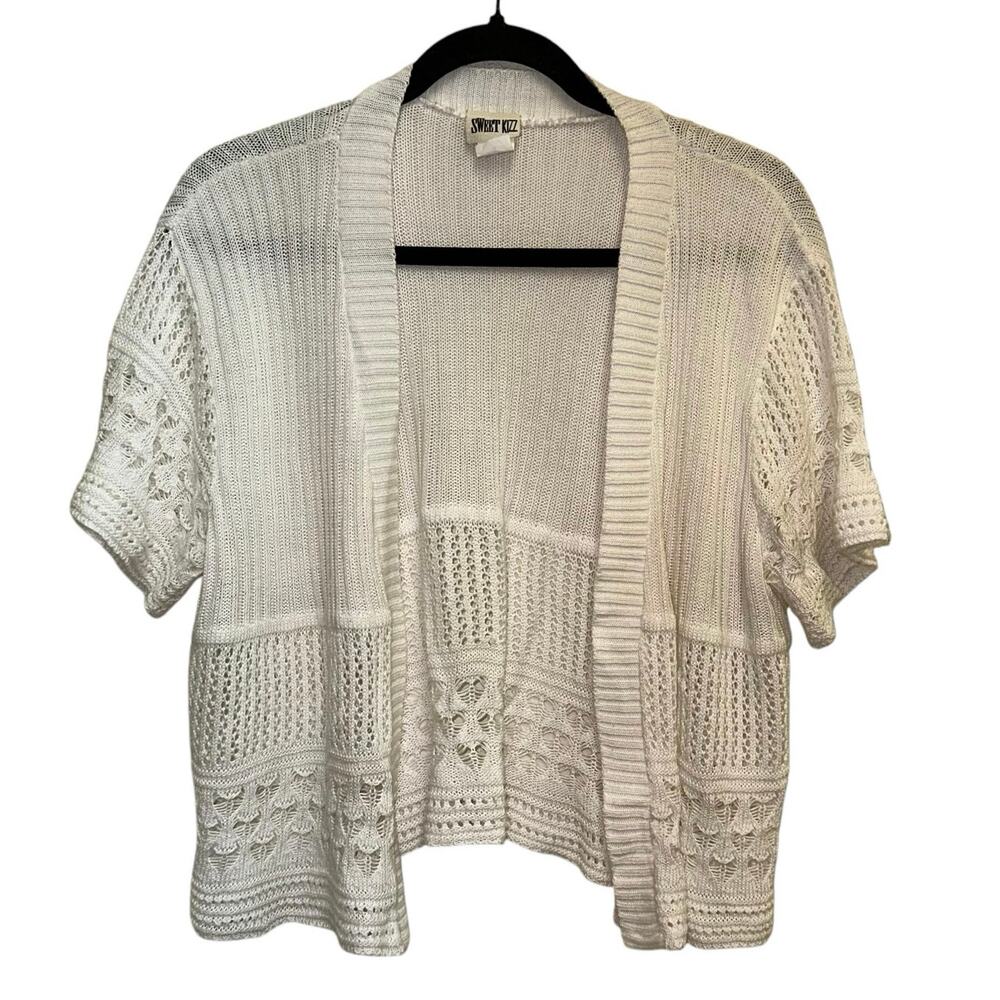 Sweet Kizz Crochet Cardigan 2X Ivory Open Knit Boho Short Sleeve